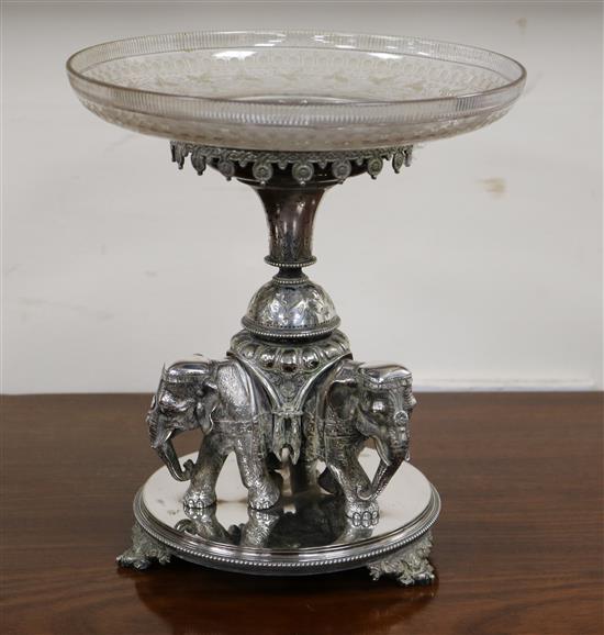 A Victorian plated fruit stand with elephant base and cut glass dish